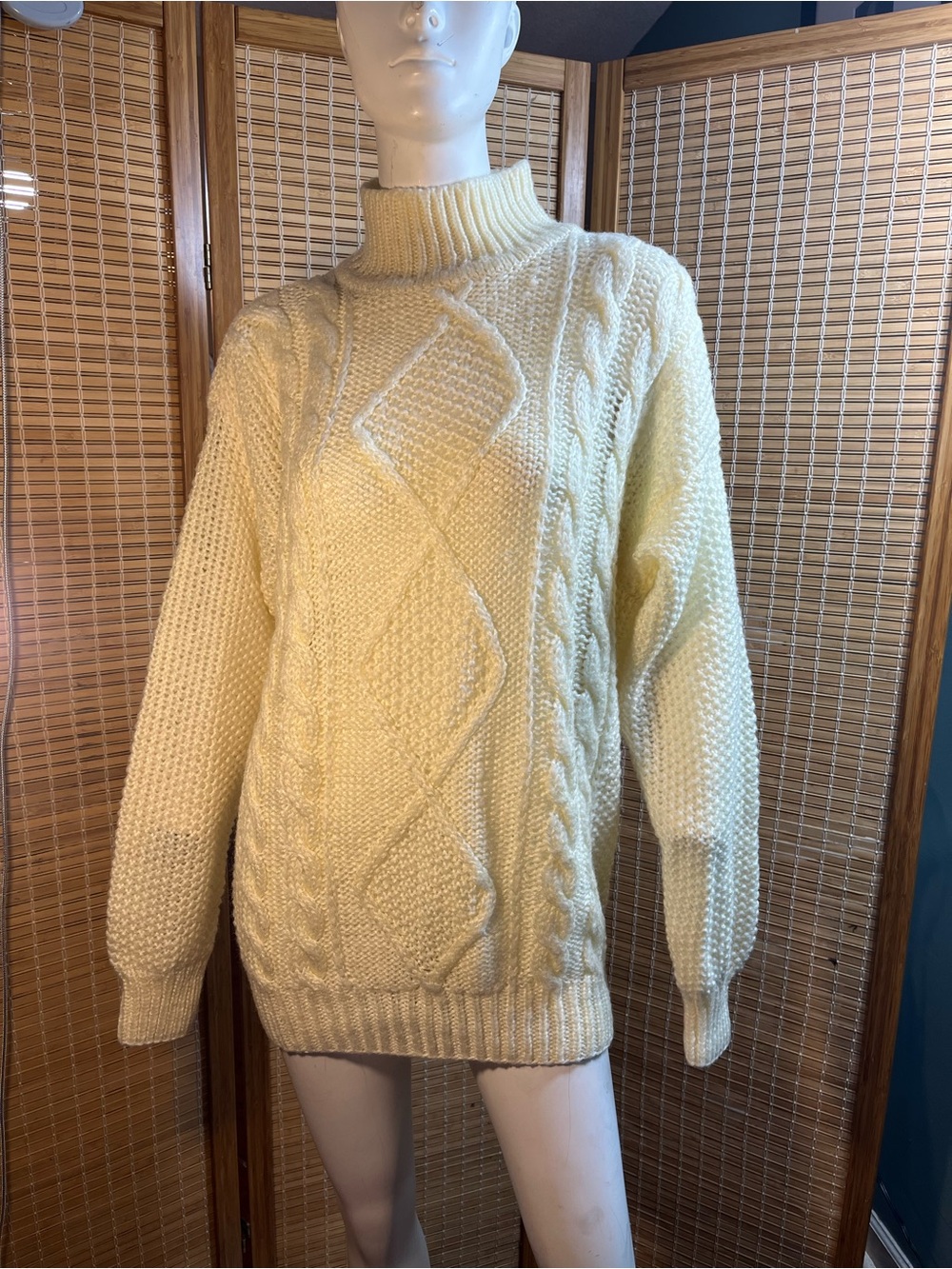 Vintage Contempo Cream Cable  Turtleneck Sweater: 80s Acrylic Pullover, Size M